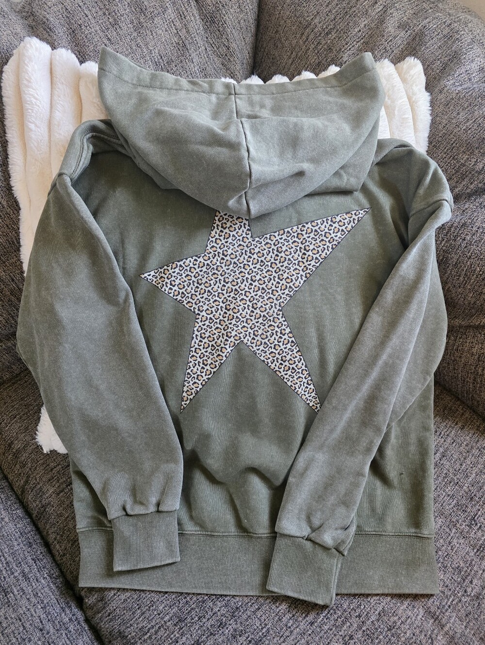 New Womens Oversize Olive Green Hoodie with Leopard Star